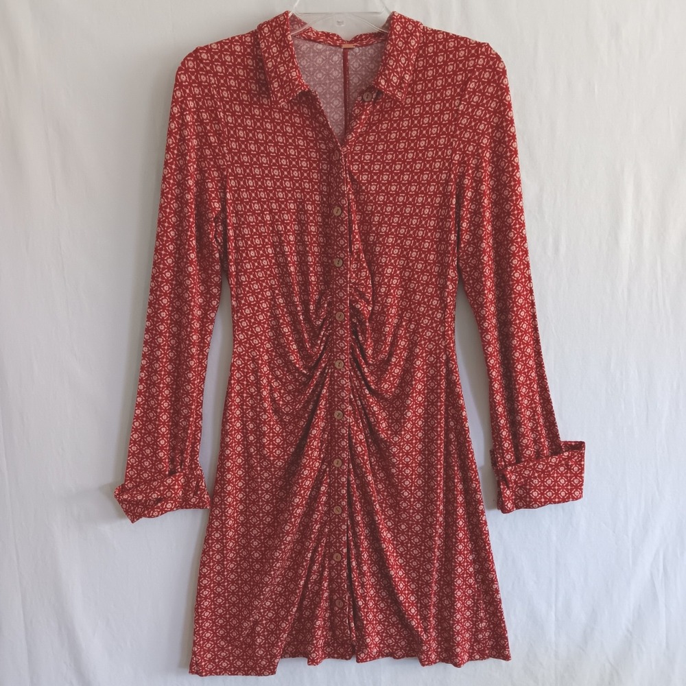 Free People Shirt Dress Womens L Red Ruched Geometric Mini EUC